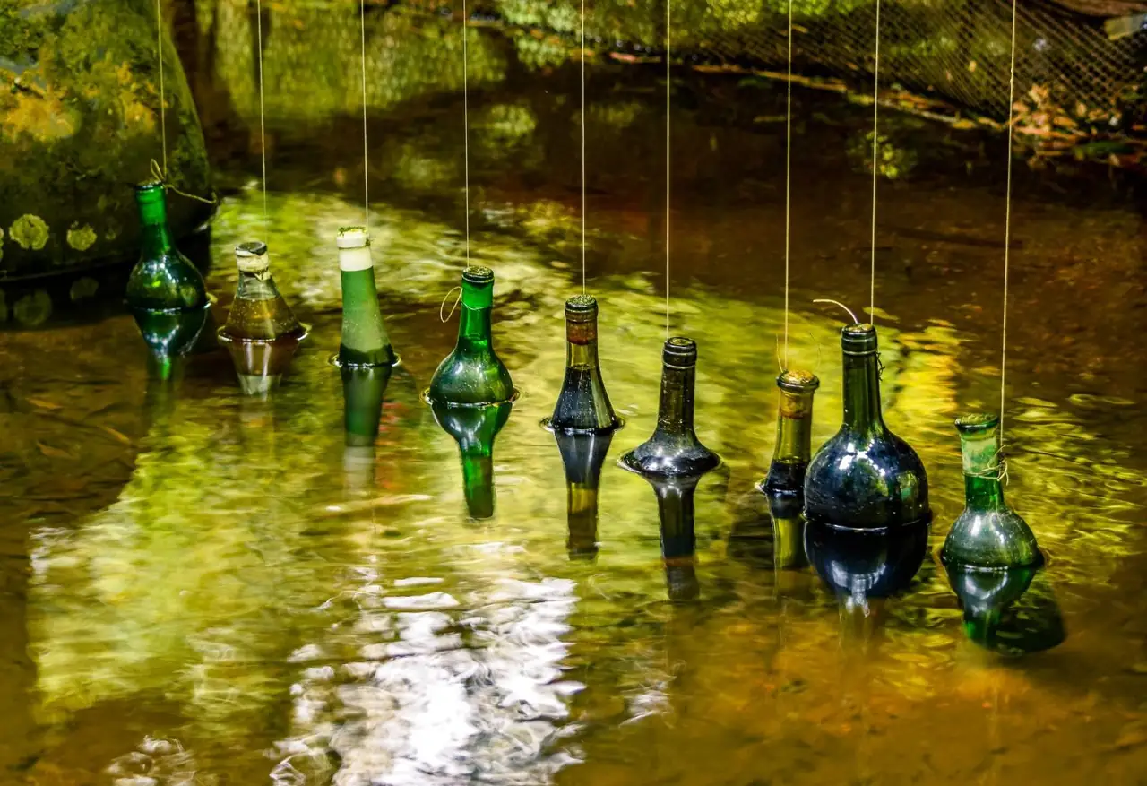 Garrafas de vinho penduradas por barbantes, resfriando na água da Fonte dos Desejos