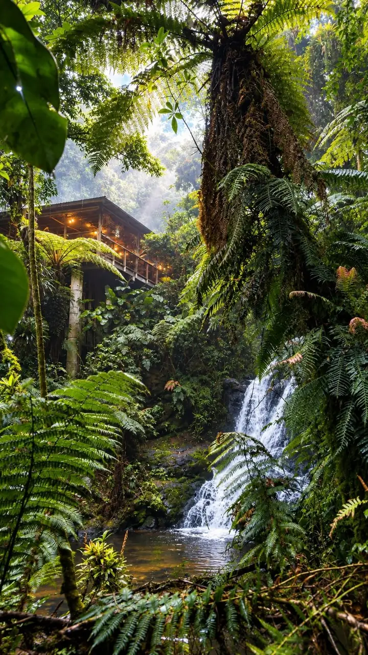 Restaurante do Paraíso das Trutas suspenso sobre a cachoeira, entre samambaias e xaxins